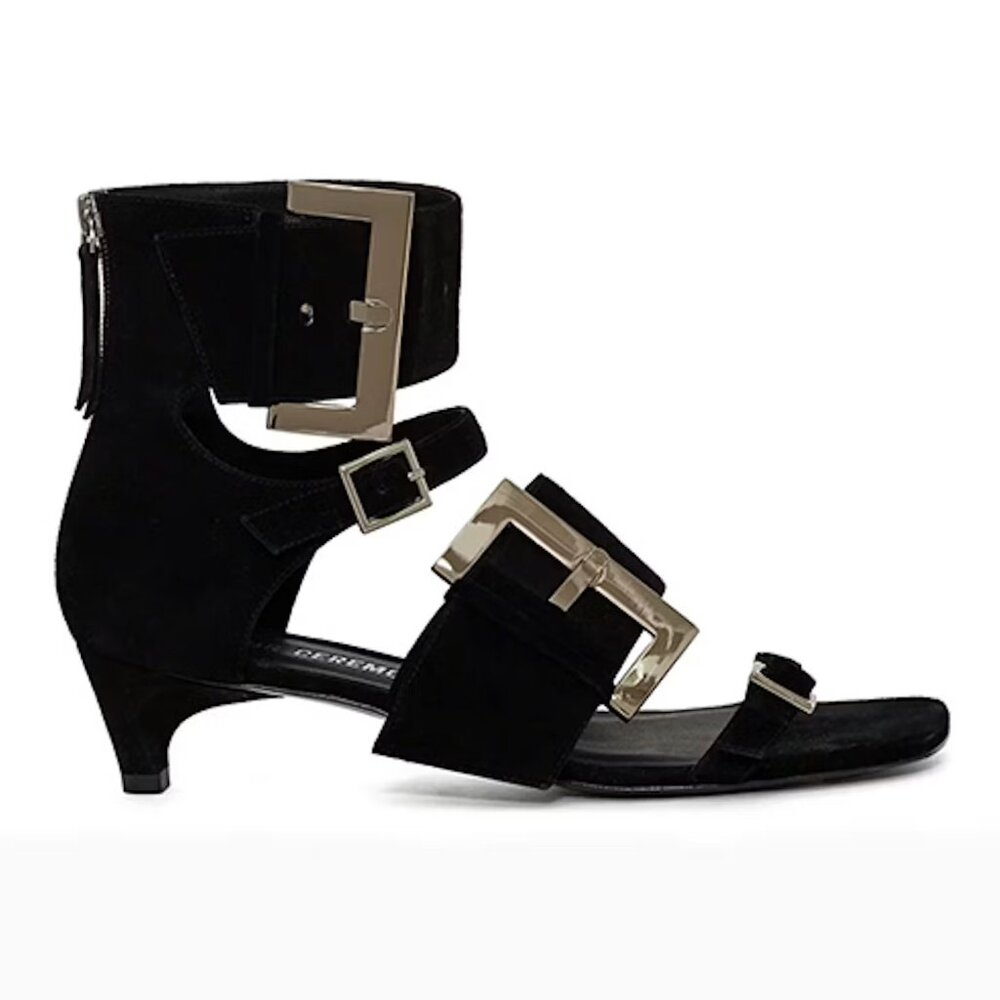 Opening Ceremony Ozzy Metallic Buckle Short Sandal Black Suede Kitten Size 7 37